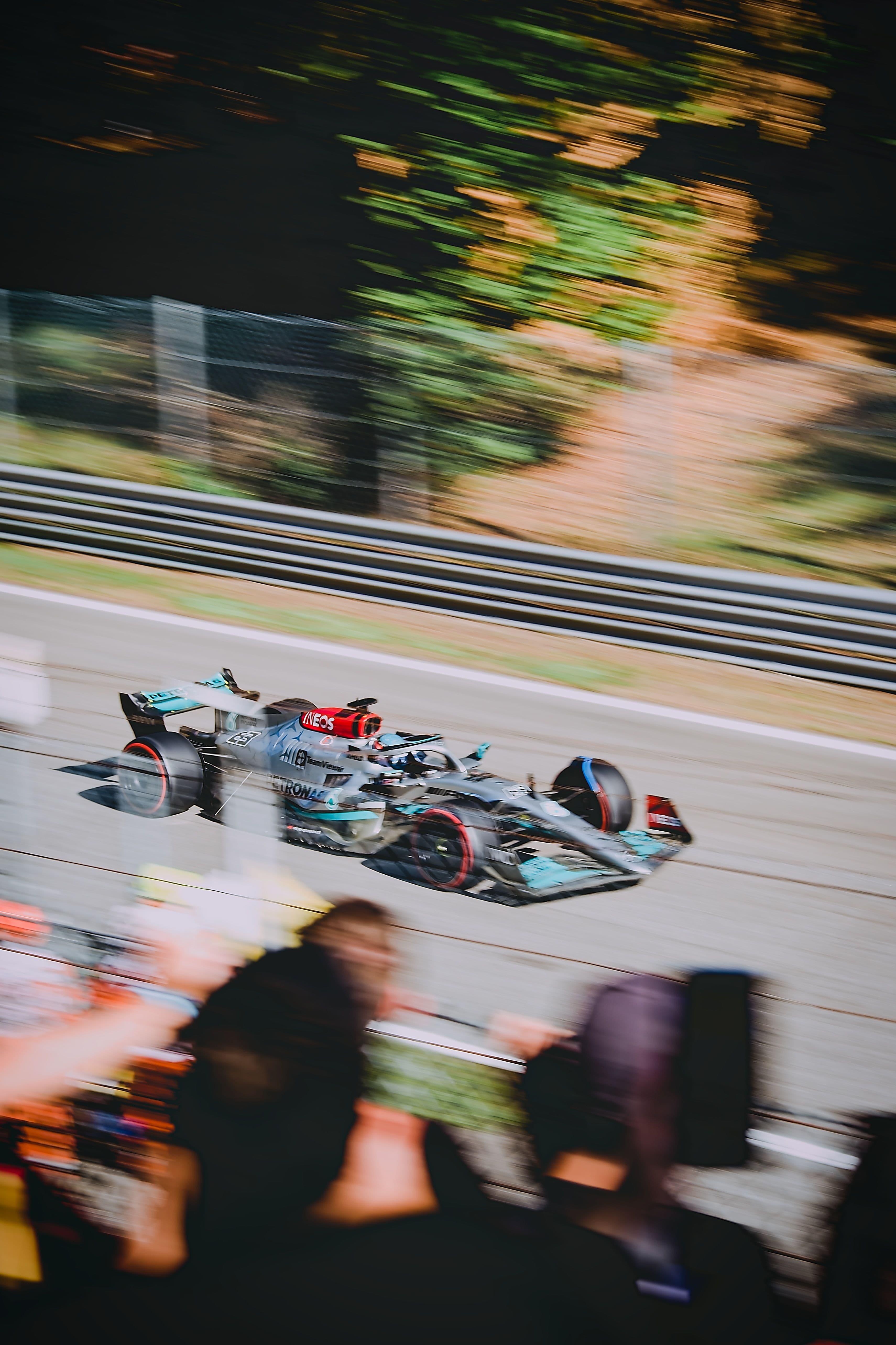 A Formula 1 car racing past the crowd in motion blur